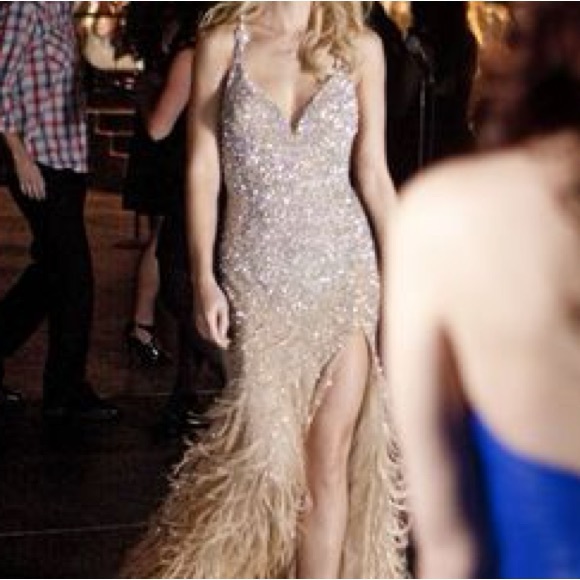 Mac Duggal beaded feathered AB crystal gown, slit, prom, Pageant, red carpet - Picture 1 of 17